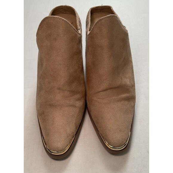 Comfort Women’s Tan Suede Slip On Open Back Boots, Heels With Gold Toe 10W - Picture 5 of 9